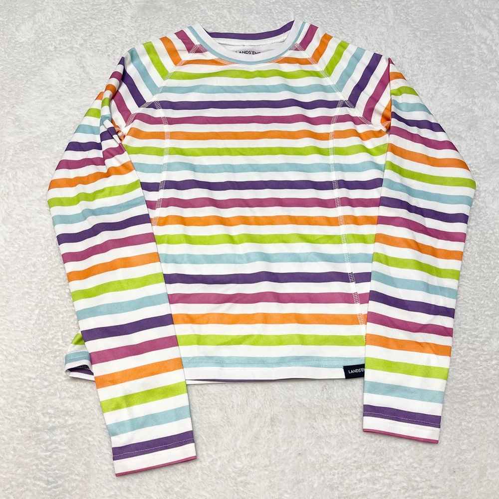 Land's End Rainbow Colorful Stipe‎ Long Sleeve Rash Guard Swim Vacation Girl's M